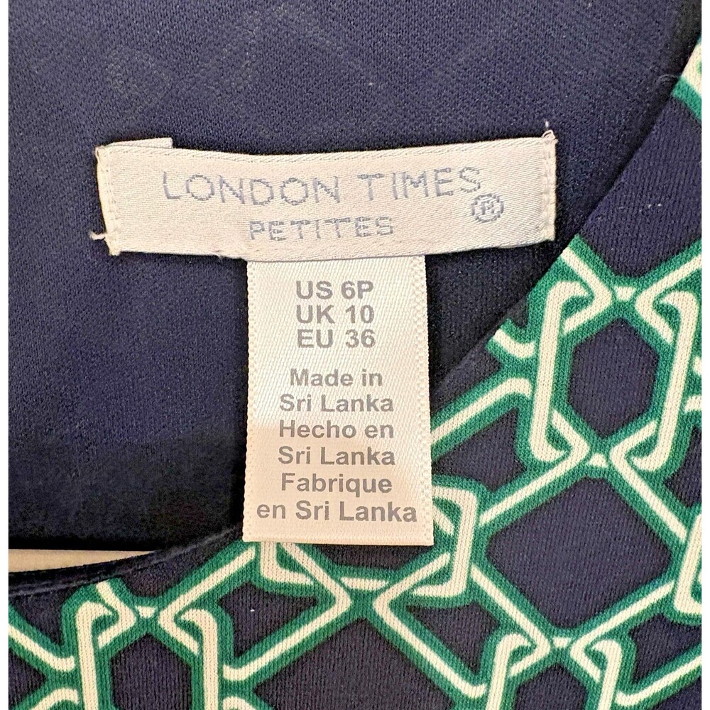 London Times Dress Women's Size 6P Petites Navy Blue Green Printed A-Line NWT - Picture 8 of 12